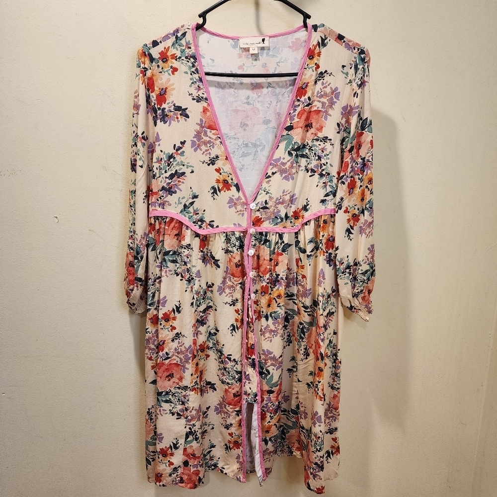 Mindy Mae's Market Floral Botto Down 3/4 Sleeves  Dresd  Pink Trim And Pockets M